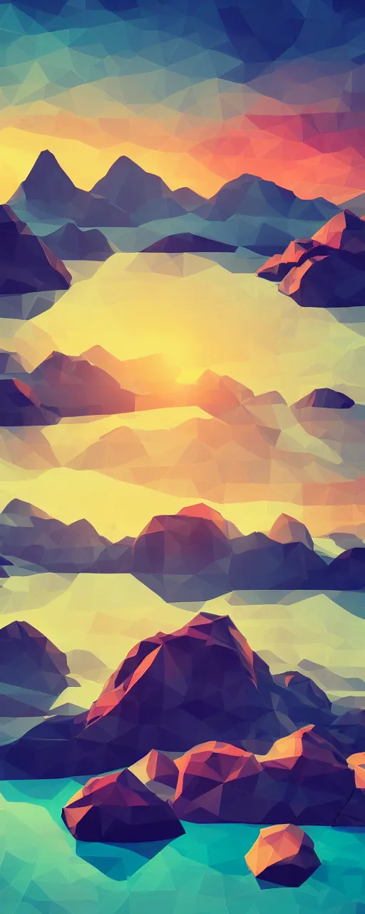 Image similar to super detailed color lowpoly art, northern sunset with rocks on front, monochrome water bay in the middle of perspective and mountains at background, graphic fishing vessels in random points, unreal engine, retrowave color palette, 3 d render, lowpoly, colorful, digital art, perspective