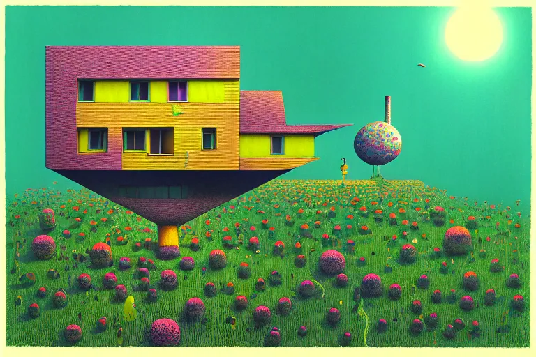 Image similar to surreal glimpse into other universe, house by som architect, summer morning, very coherent and colorful high contrast, art by!!!! gediminas pranckevicius!!!!, geof darrow, floralpunk screen printing woodblock, dark shadows, hard lighting, stipple brush technique,