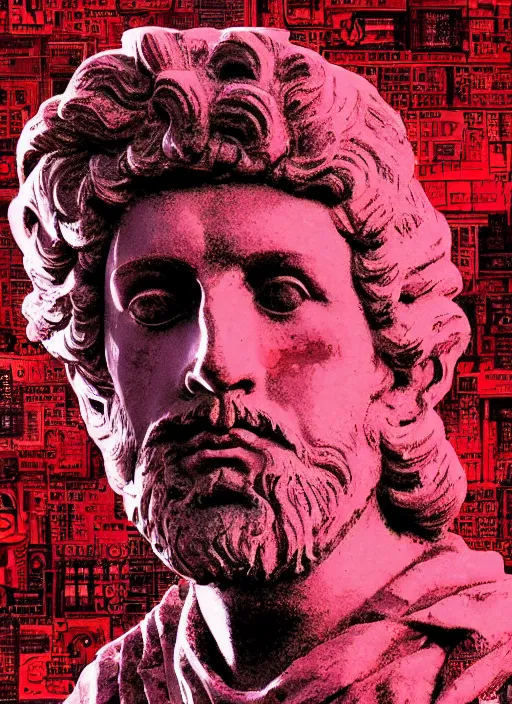 Image similar to design poster showing a statue of marcus aurelius, black background with very subtle red and purple design elements, powerful, nekro, guido crepax, graphic design, collage art, thin lines, dark, glitch art, neo vaporwave, gritty, layout frame, square, trending on artstation