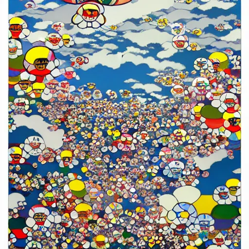 Image similar to a man walking on clouds above kyoto by takashi murakami,, aya takano color style, 4 k, super detailed