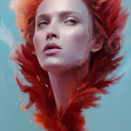 Image similar to a painting of a woman who made of curly and transparent feathers cloud with red edges is holding a sword, a digital painting by charlie bowater, trending on artstation, metaphysical painting, speedpainting, made of feathers, digital painting, holographic undertones, highly saturated colors, 4 k, digital art, concept art, trending on artstation