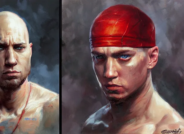 Image similar to a highly detailed beautiful portrait of eminem as kratos, by gregory manchess, james gurney, james jean