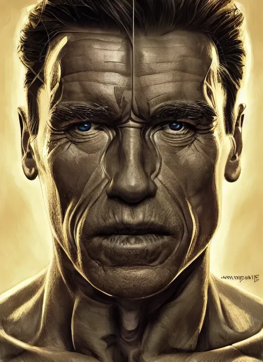 Image similar to symmetry!! arnold schwarzenegger, machine parts embedded into face, intricate, elegant, highly detailed, digital painting, artstation, concept art, smooth, sharp focus, illustration, art by artgerm and greg rutkowski and alphonse mucha, 8 k