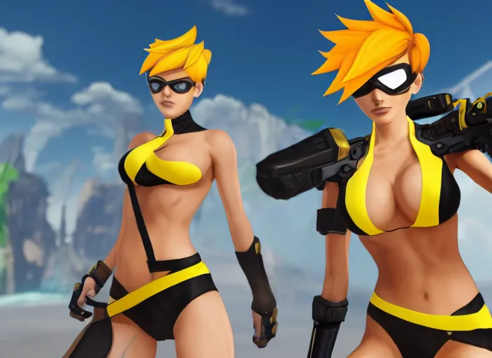 Image similar to tracer game character, in yellow bikini, blonde hair, black eyes, full height