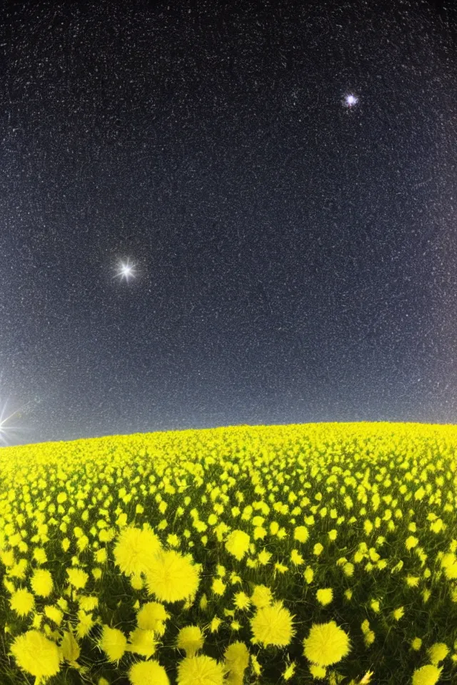 Prompt: low angle. field of big frozen yellow flowers. starfield and galactics in the sky. two moons in zenith. double moon. galactics in the sky. wide angle. lens flare, bokeh