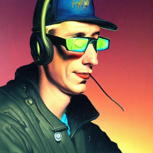 Prompt: a dark and colorful close - up side profile portrait of a silhouette of a sci - fi young alien man wearing a baseball hat and glasses, using a computer. glowing fog in the background. highly detailed science fiction painting by norman rockwell, frank frazetta, and syd mead. rich colors, high contrast, gloomy atmosphere, dark background. trending on artstation