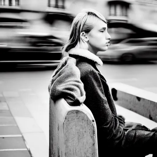 Prompt: black and white fashion photograph, highly detailed portrait of a depressed white drug dealer sitting on a bench on a busy Paris street, looking into camera, eye contact, natural light, rain, mist, lomo, fashion photography, film grain, motion blur, soft vignette, sigma 85mm f/1.4 1/10 sec shutter