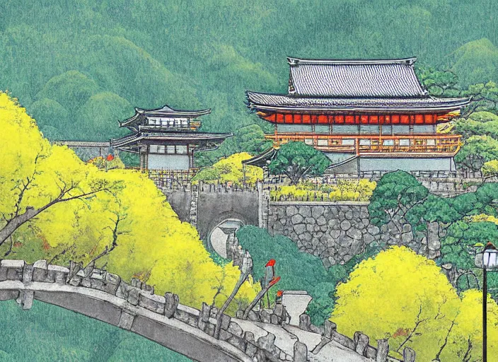 Prompt: japanese yellow fortress in a city inside the arashiyama forest by studio ghibli painting