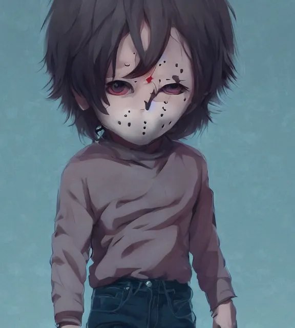 Prompt: cute little boy anime character inspired by jason voorhees art by rossdraws, wlop, ilya kuvshinov, artgem lau, sakimichan and makoto shinkai, anatomically correct, extremely coherent, highly detailed, sharp focus, slasher movies, smooth, red lighting, very realistic, symmetrical