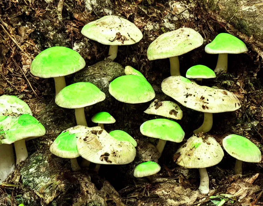 Prompt: a cluster of glowing green mushrooms and luminous bracket fungus growing on a rock