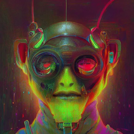 Prompt: vibrant complimentary color portrait of symmetrical face technical masked neon diesel punk, 3 d anime, award - winning realistic sci - fi concept art by beksinski, picasso masterpiece, complimentary colors, james gilleard, bruegel, greg rutkowski, alphonse mucha, and yoshitaka amano