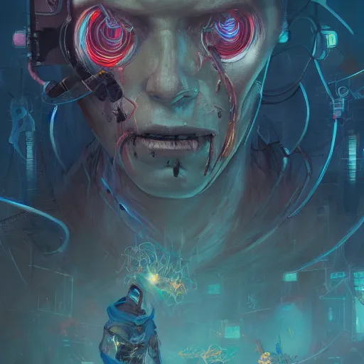 Prompt: portrait of a maniacal cybernetic serial killer, cyberpunk concept art by pete mohrbacher and seb mckinnon and beksinski and josan gonzales, digital art, highly detailed, intricate, sci-fi, sharp focus, Trending on Artstation HQ, deviantart, unreal engine 5, 4K UHD image