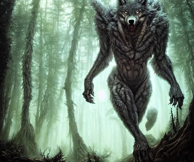Prompt: wolf monster in a forest, dramatic lighting, ultra realistic, intricate details, forest, highly detailed by peter mohrbacher, allen williams, hajime sorayama, wayne barlowe, boris vallejo, aaron horkey, gaston bussiere, artgerm