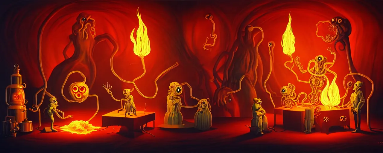 Image similar to uncanny alchemist chthonic creatures inside a fiery alchemical lab within the left ventricle of a human heart, dramatic lighting, surreal 1 9 3 0 s fleischer cartoon characters, surreal painting by ronny khalil