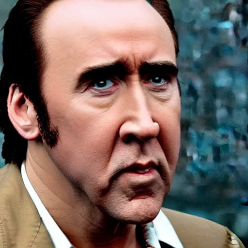Prompt: over the shoulder shot of nicolas cage arguing with nicolas cage