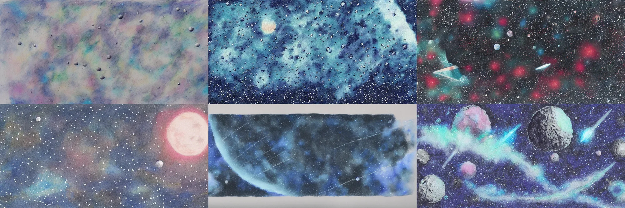 Prompt: a shower of asteroids hitting a planet, from outer space, beautiful water colour illustration with pastel and graphite on paper