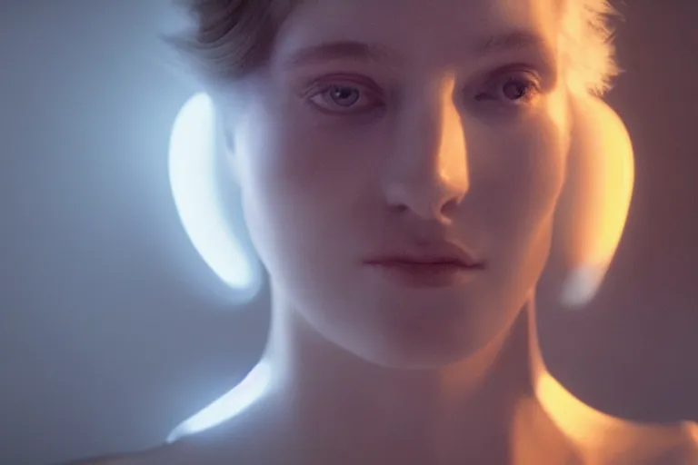 Image similar to VFX movie of a futuristic closeup portrait in high tech compound, beautiful natural skin neon lighting by Emmanuel Lubezki