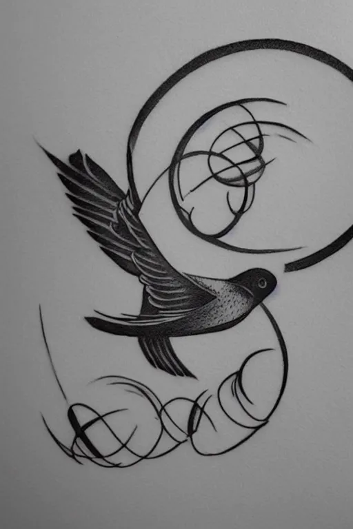 Image similar to a beautiful tattoo design of minimalist swallows flying into spherical lines and simple basic shapes, black ink, line art