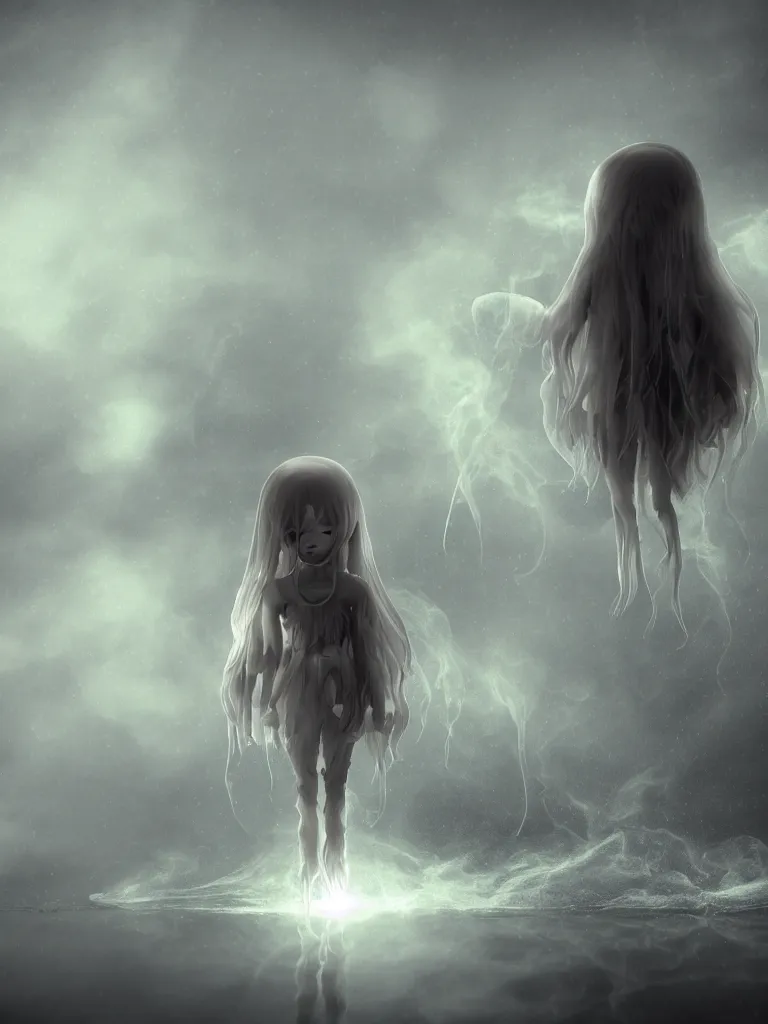 Image similar to cute fumo chibi plush beautiful ectoplasmic gothic skeletal jellyfish ghost girl, glowing milky wisps of hazy smoke and volumetric fog on a stormy reflective river, lens flare, subsurface scattering, vignette, asymmetry, bokeh, refraction, vray