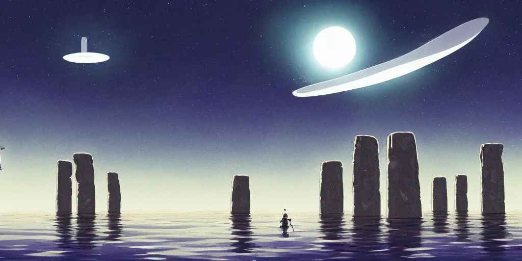 Prompt: a cell - shaded studio ghibli concept art of a huge silver hovering ufo shining a spotlight on a middle eastern merchant in a flooded stonehenge desert road gas station on a misty starry night. very dull colors, hd, 4 k, hq