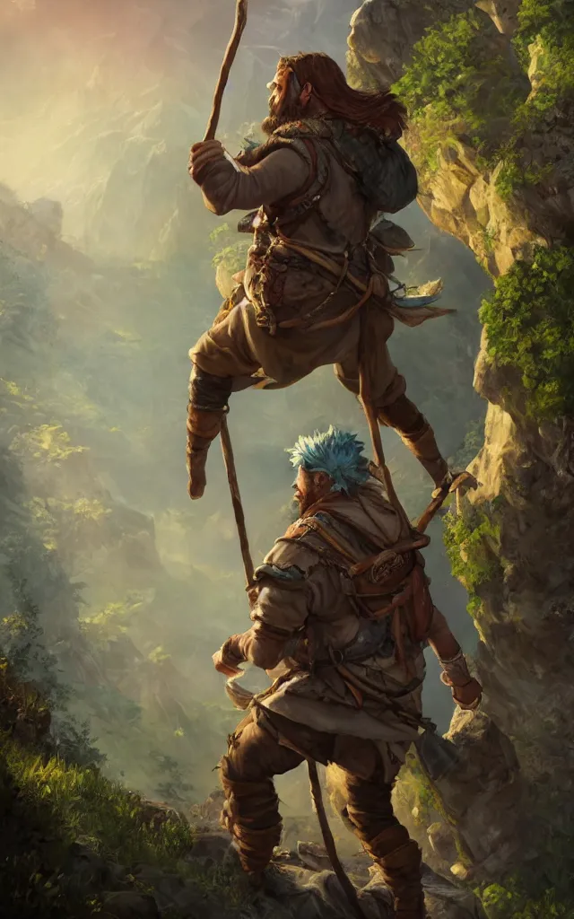 Image similar to an oil art painting of young handsome fool adventurer with hobo stick bindle rucksack, grim gwent card, gipsy mage adventurer character design from inquisition, climbing up a cliffside, 4 k, ultra detail, volumetric lighting, unreal engine, octane render