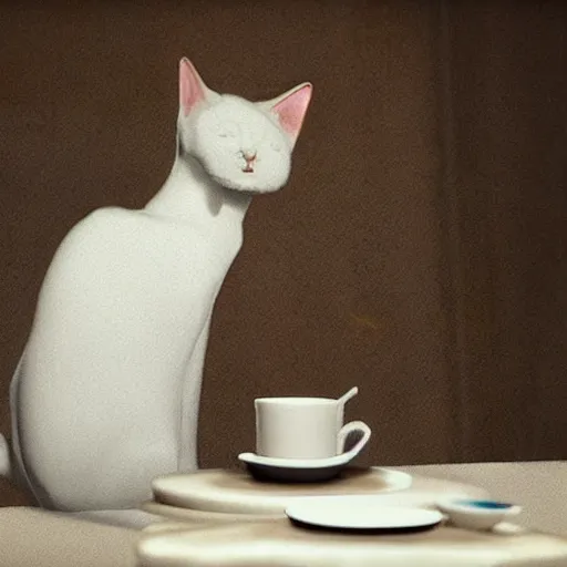 Image similar to cute cat drinking milk from a porcelain plate, in game pathologic 2, digital art, unreal engine, cinematic composition, sharp, details, hyper - detailed, hd