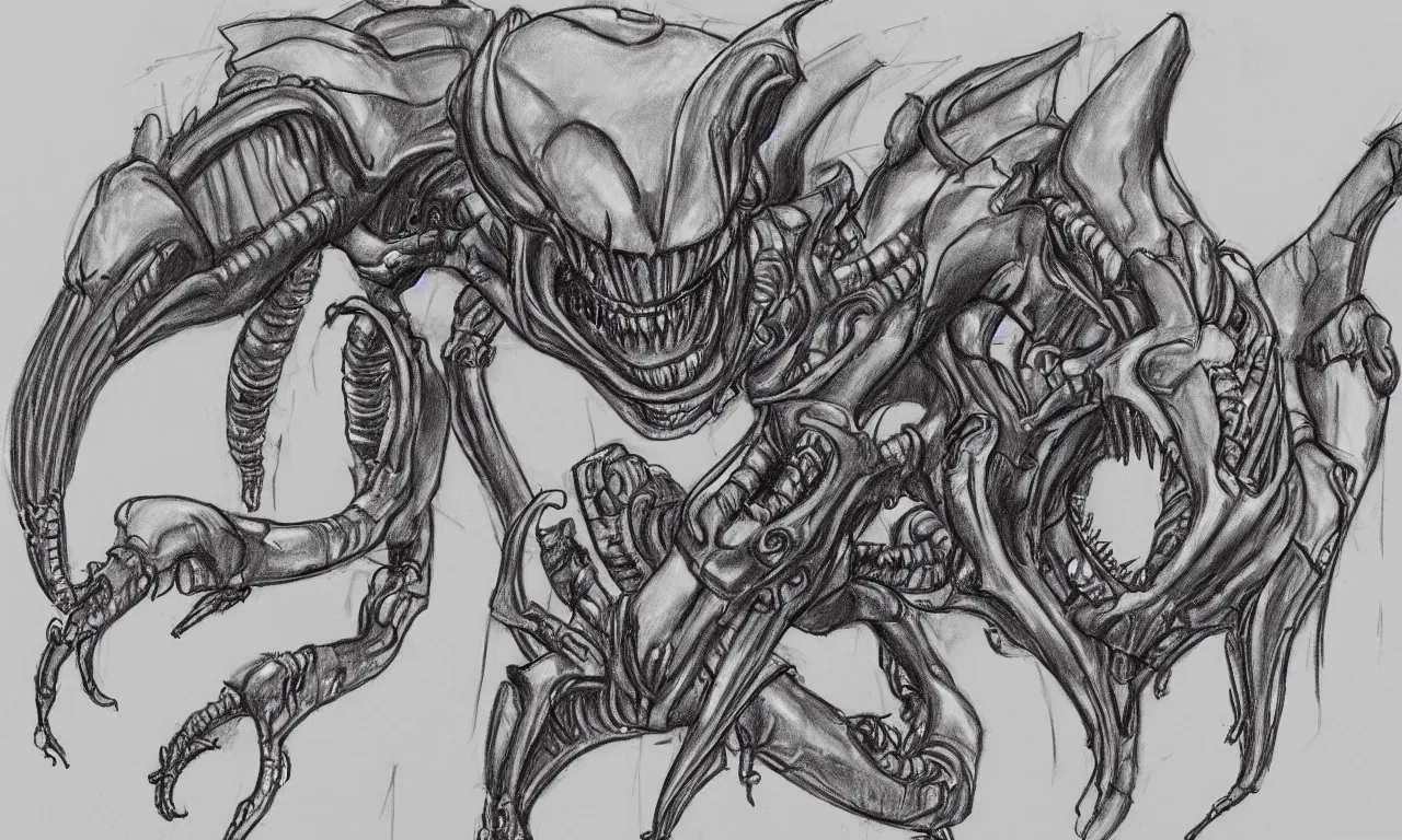 Prompt: a bad distorted rough kindergarden - sketch of one xenomorph drawn by a 4 year old kid