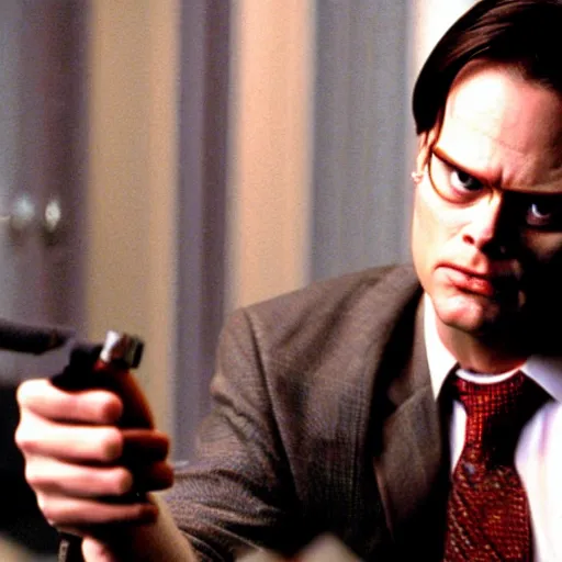 Image similar to dwight schrute as the american psycho, sweating profusely, cinematic still