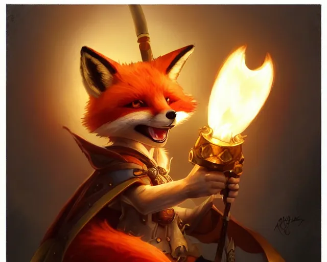 Image similar to a cheeky school oy fox from final fantasy, holding a torch, deep focus, d & d, fantasy, intricate, elegant, highly detailed, digital painting, artstation, concept art, matte, sharp focus, illustration, hearthstone, art by artgerm and greg rutkowski and alphonse mucha