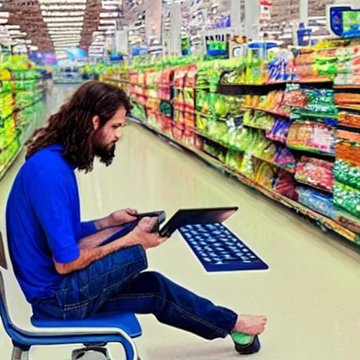 Prompt: “ extremely depressed long haired walmart employee watching kangaroo jack on his ipad, photorealism, walmart ”