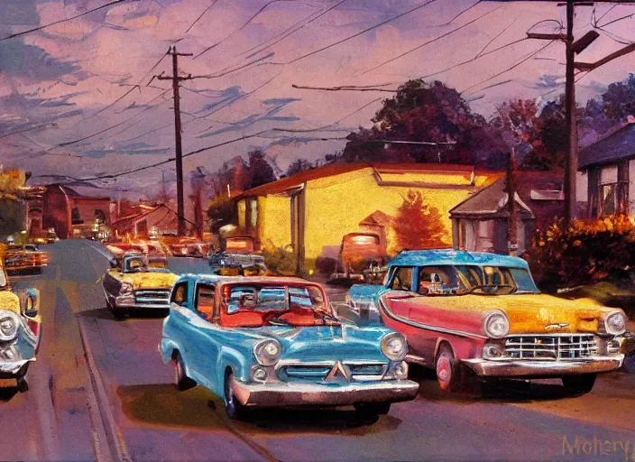 Image similar to small rural town in middle america 1950s hotrods driving down a street , vintage, high detail, golden hour, 8K, by John Berkey