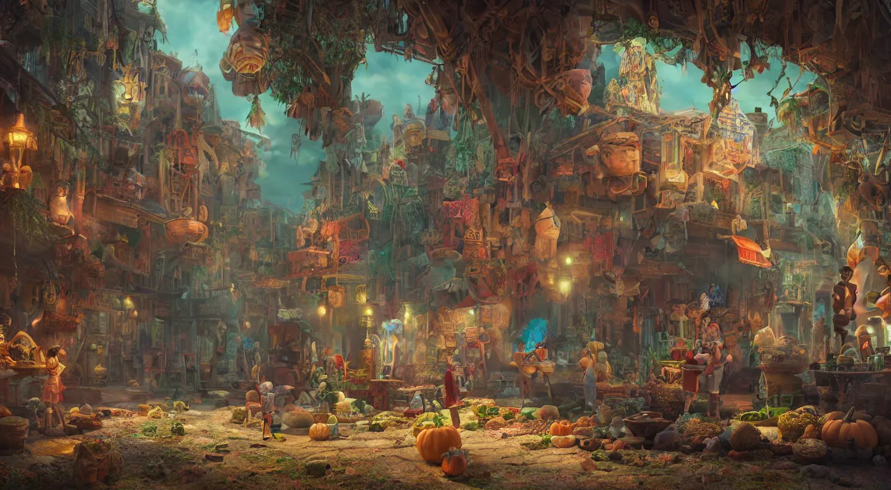 Prompt: bazaar zouk old egypt sky shine epic fantasy by mark ryden and pixar and hayao miyazaki, unreal 5, daz, hyperrealistic, octane render, cosplay, rpg portrait, dynamic lighting, intricate detail, harvest fall vibrancy, cinematic