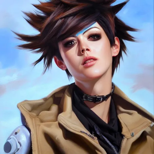 Image similar to oil painting of tracer overwatch in a field, in style of mark arian, expressive face, very detailed face, wearing large detailed black collar, very detailed eyes, full body, feminine face, detailed makeup on eyes,