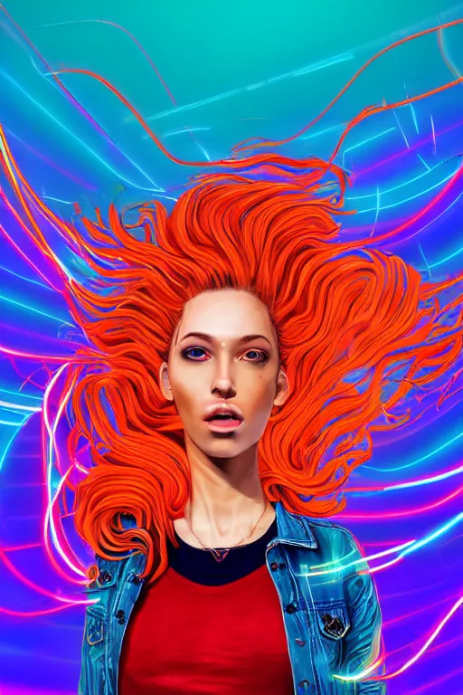 Image similar to a award winning half body portrait of a beautiful woman with stunning eyes in a croptop denim jacket and cargo pants with ombre red orange teal hairstyle head in motion and hair flying while dancing by thomas danthony, surrounded by whirling illuminated lines, outrun, vaporware, shaded flat illustration, digital art, trending on artstation, highly detailed, fine detail, intricate