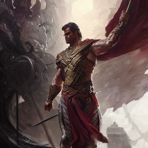Image similar to Henry Cavill as a warrior, D&D, flowing, muscular, fantasy, intricate, thighs, elegant, highly detailed, digital painting, artstation, concept art, smooth, sharp focus, illustration, art by artgerm and greg rutkowski and alphonse mucha
