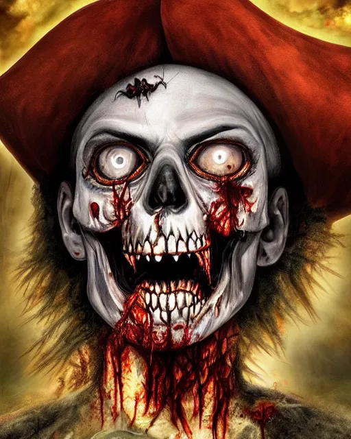 Prompt: halloween zombie pirate theme surrealist art in the styles of igor morski, jim warren, and a tim burton film, intricate, hyperrealistic, accurate facial details, profile picture with chromakey!!!!! background, volumetric lighting