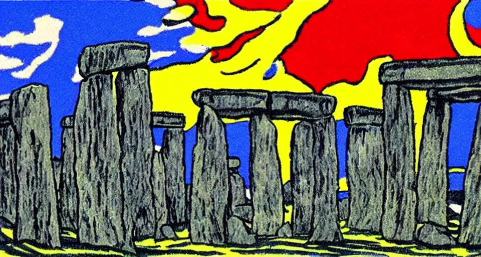 Image similar to color sketch of stonehenge, highly detailed, dramatic lighting, intense shadows, rich deep colours, by roy lichtenstein