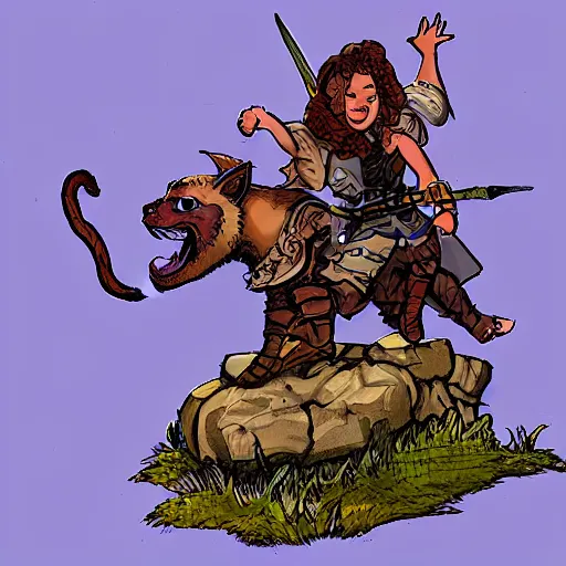 Image similar to D&D art of a female halfling rogue with hairy feet, riding on top of a panther through waterdeep, sunny afternoon