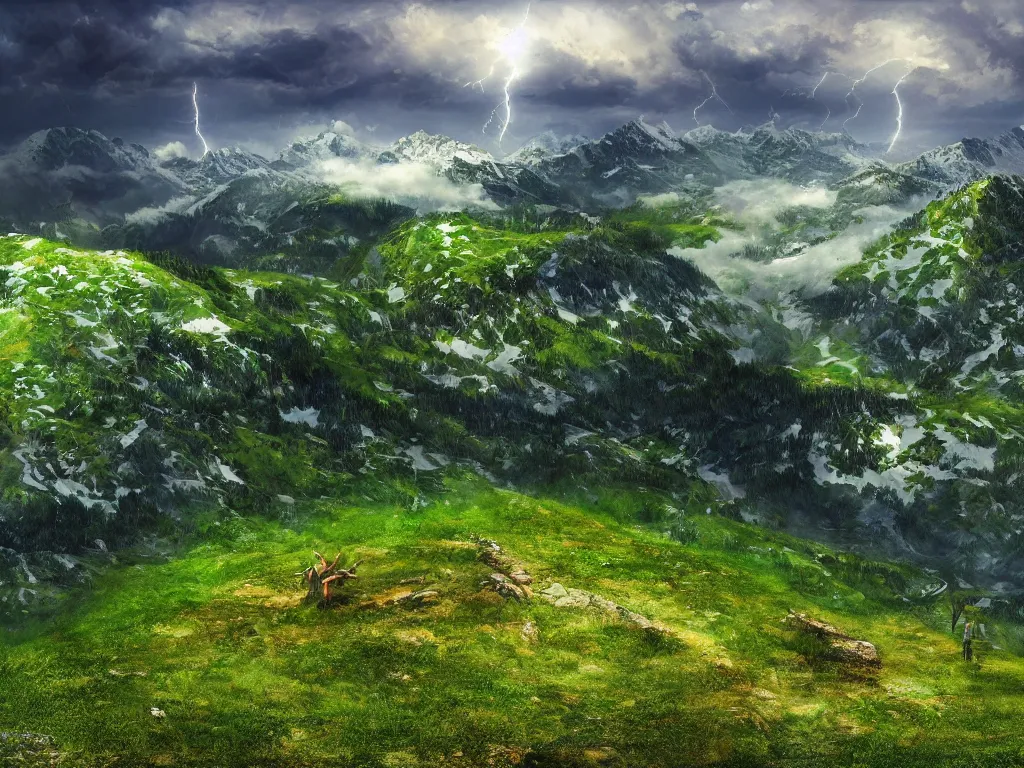 Image similar to realistic view from a mountaintop, high mountains, green meadow, alps, pyranees, digital painting, wallpaper, realistic lightning