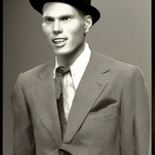 Image similar to A photograph portrait of Jerma985 wearing a suit with and fedora in the 1940s, taken in the early 1940s, grainy, taken on a 940s Kodak Camera, realistic, hyperrealistic, very realistic, highly detailed, very detailed, extremely detailed, detailed, digital art, trending on artstation