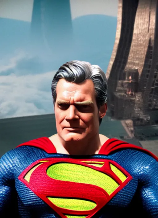 Image similar to Donald Trump cast as Superman, still from Man of Steel movie, hyperrealistic, 8k, Octane Render,