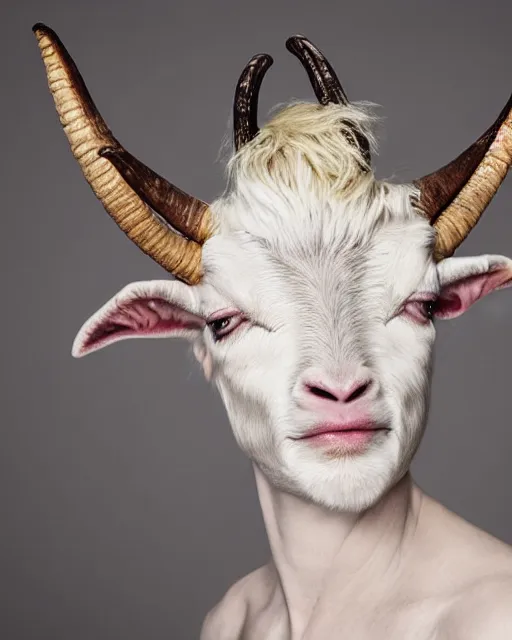 Image similar to angry ellen degeneres as a goat person, she looks like a demonic mythological satyr with yellow goat eyes with horizontal pupils, long goat like ears, and goat horns on her head, 8 k, photo shoot, 9 inch kershaw soft focus lens f / 5. 6 bokek