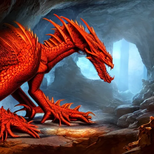 Image similar to photo of an ancient red dragon sitting menacingly in a cave, dungeons and dragons, detailed, 4 k