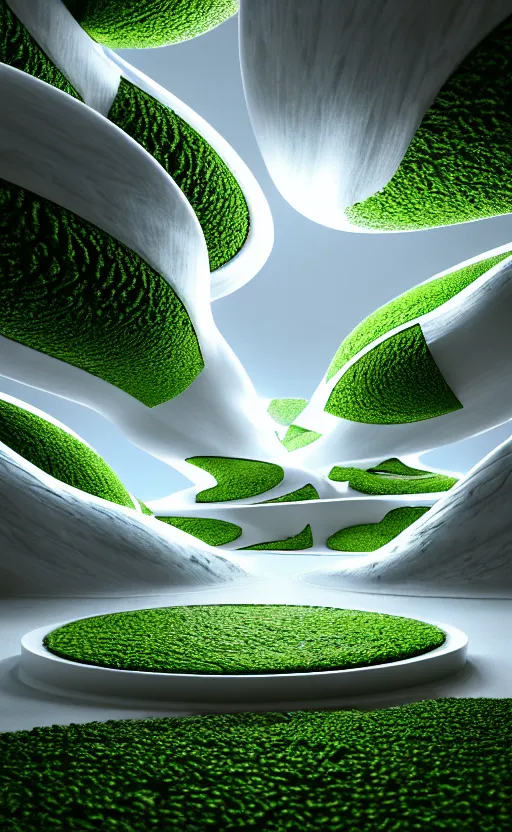 Image similar to highly detailed ultra sharp 3 d render cinematic composition of a smooth ceramic porcelain magnolia stone white fluid fractal sci - fi surreal architecture landscape, marble, magnesium, vining foliage blooms, archviz, vincent callebaut composition, mamou - mani, beautiful lighting, 8 k, unreal engine, hdr, dof