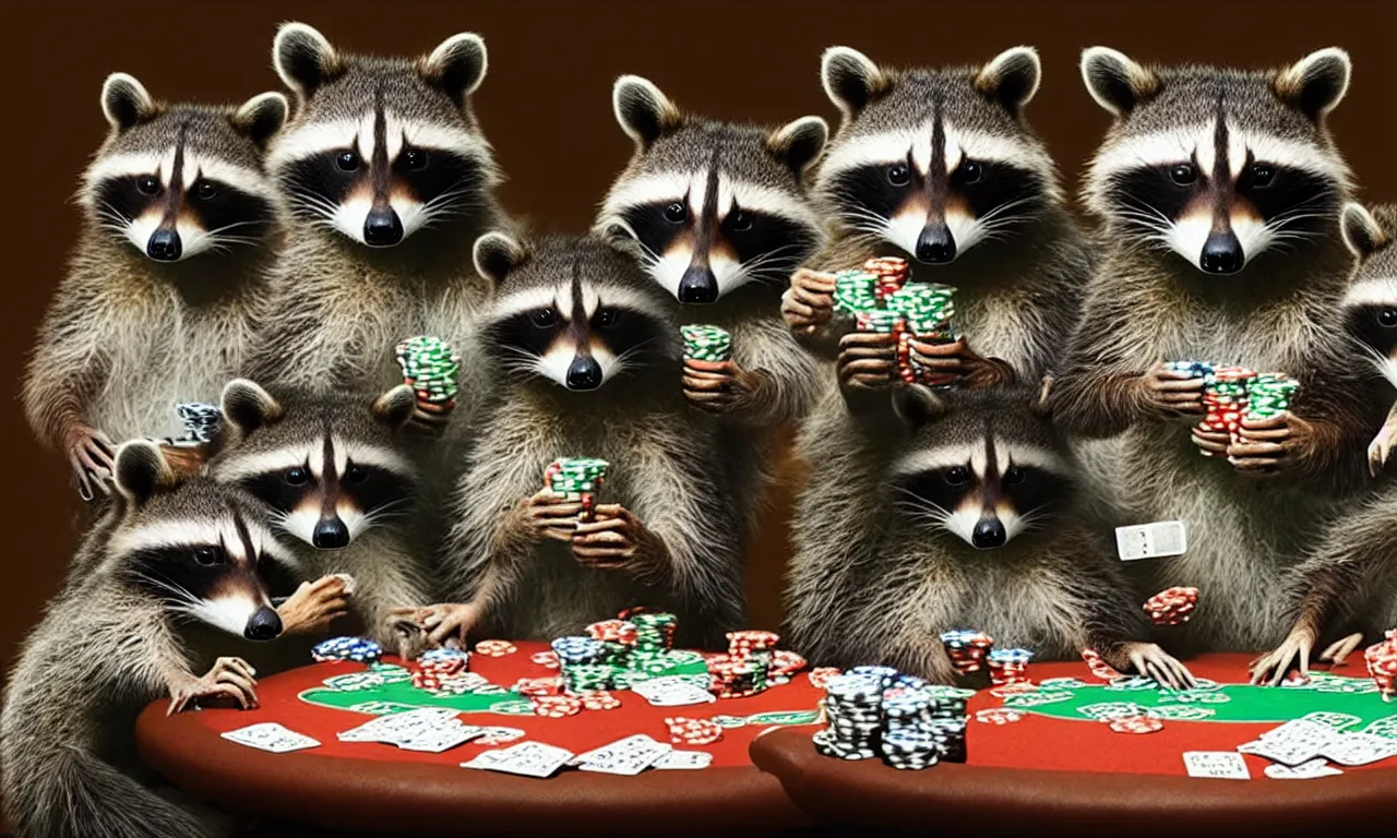 Image similar to three raccoons playing poker at a dinner table, a flash photograph