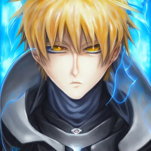 Image similar to portrait of the genos blue flame arms of devil king mode, anime fantasy illustration by tomoyuki yamasaki, kyoto studio, madhouse, ufotable, comixwave films, trending on artstation