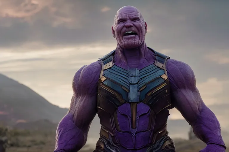 Prompt: promotional image of bald Bryan Cranston as Thanos in Avengers: Endgame (2019), purple skin color, dynamic action shot, laughing, movie still frame, promotional image, imax 70 mm footage