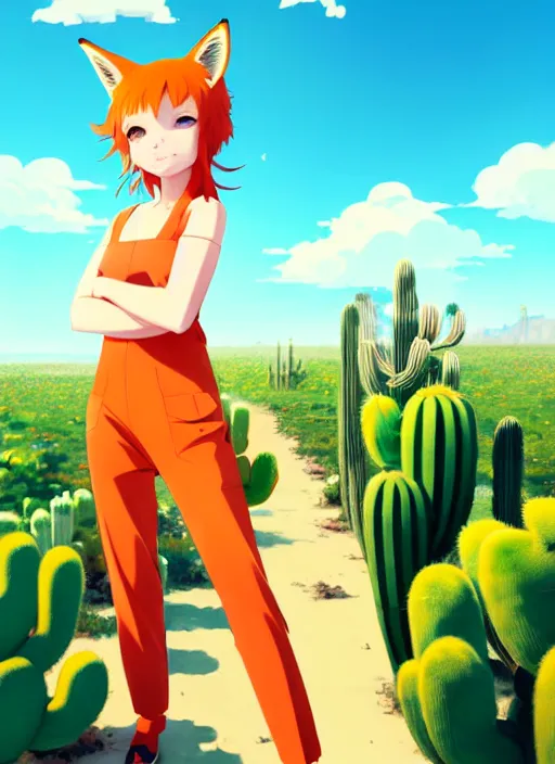 Image similar to portrait of cute redhead foxgirl in orange jumpsuit with fox ears by ilya kuvshinov, holding a cactus, cloudy sky background lush landscape illustration concept art anime key visual trending pixiv fanbox by wlop and greg rutkowski and makoto shinkai and studio ghibli