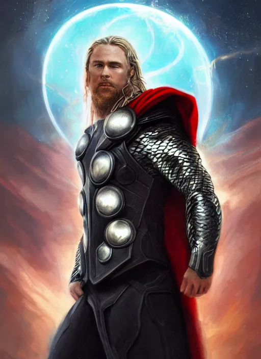 Prompt: detailed portrait of Thor wearing a cloak over his head, eyes on fire with celestial flames, a halo of shimmering color around him, future earth in the background, by Jason Jenicke and Jeremy Mann, intricate, beautiful, stylized, detailed, realistic, loose brush strokes, dramatic, enduring, captivating, Artstation
