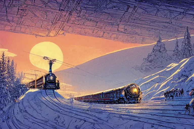 Image similar to trans - siberian express train illustration by joe fenton and syd mead and p. craig russell and barry windsor - smith, artstation, 4 k, graphic novel, concept art, matte painting, beautiful russian winter landscape sunset background, golden hour, art nouveau